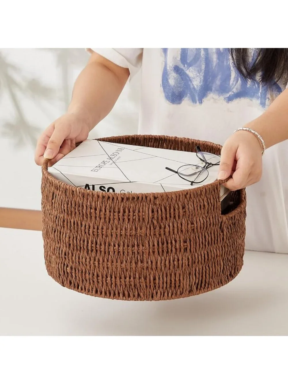 Hand-Woven Wicker Storage Baskets with Handles - Large Round Organizing Bins